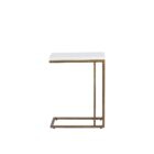 Modern white C-shaped end table with a thin metal base in a bronze finish and a sleek white top.