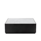 Modern square coffee table with a sleek black base and white marble top, featuring minimalist cube styling.