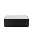 Modern square coffee table with a sleek black base and white marble top, featuring minimalist cube styling.