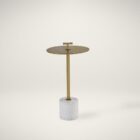 Contemporary end table with a slim brass-finished stem, round brass top with a handle, and white marble cylinder base.