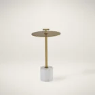Contemporary end table with a slim brass-finished stem, round brass top with a handle, and white marble cylinder base.