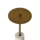 Contemporary end table with a slim brass-finished stem, round brass top with a handle, and white marble cylinder base.