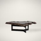 Live-edge wood coffee table with sculptural, raw edges and a black geometric metal base.