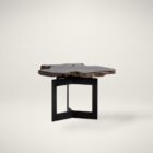 Rustic modern side table featuring a natural-edge solid wood slab top and intersecting matte black metal base.