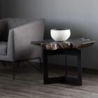 Rustic modern side table featuring a natural-edge solid wood slab top and intersecting matte black metal base.