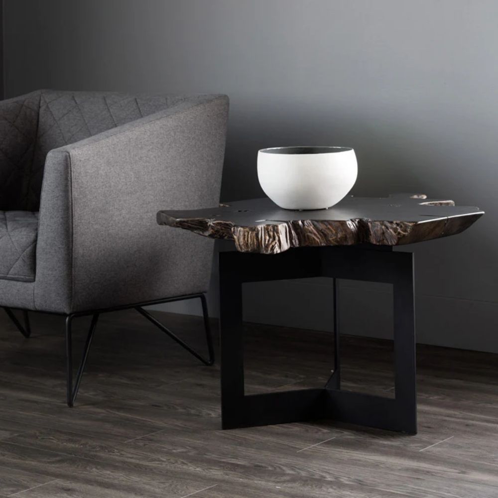 Rustic modern side table featuring a natural-edge solid wood slab top and intersecting matte black metal base.