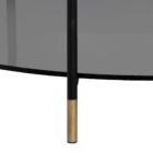 Round black coffee table with slim metal frame, lower glass shelf, and gold-dipped leg tips.