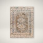 A warm-toned, vintage-inspired area rug with a distressed Persian design featuring muted browns, soft blues, and ivory accents, styled in various living spaces.