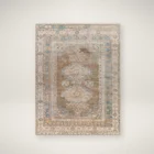 A warm-toned, vintage-inspired area rug with a distressed Persian design featuring muted browns, soft blues, and ivory accents, styled in various living spaces.