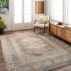 A warm-toned, vintage-inspired area rug with a distressed Persian design featuring muted browns, soft blues, and ivory accents, styled in various living spaces.
