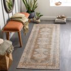A warm-toned, vintage-inspired area rug with a distressed Persian design featuring muted browns, soft blues, and ivory accents, styled in various living spaces.
