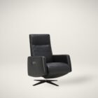 Sleek black leather power recliner chair with high back, metal swivel base, and modern stitching detail.