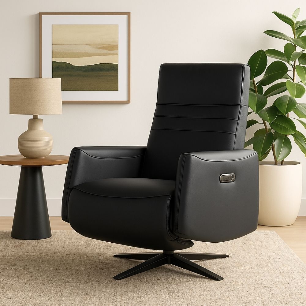 Sleek black leather power recliner chair with high back, metal swivel base, and modern stitching detail.