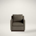 Modern square-arm brown fabric swivel chair with a low-profile wood base.