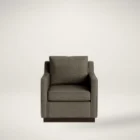 Modern square-arm brown fabric swivel chair with a low-profile wood base.