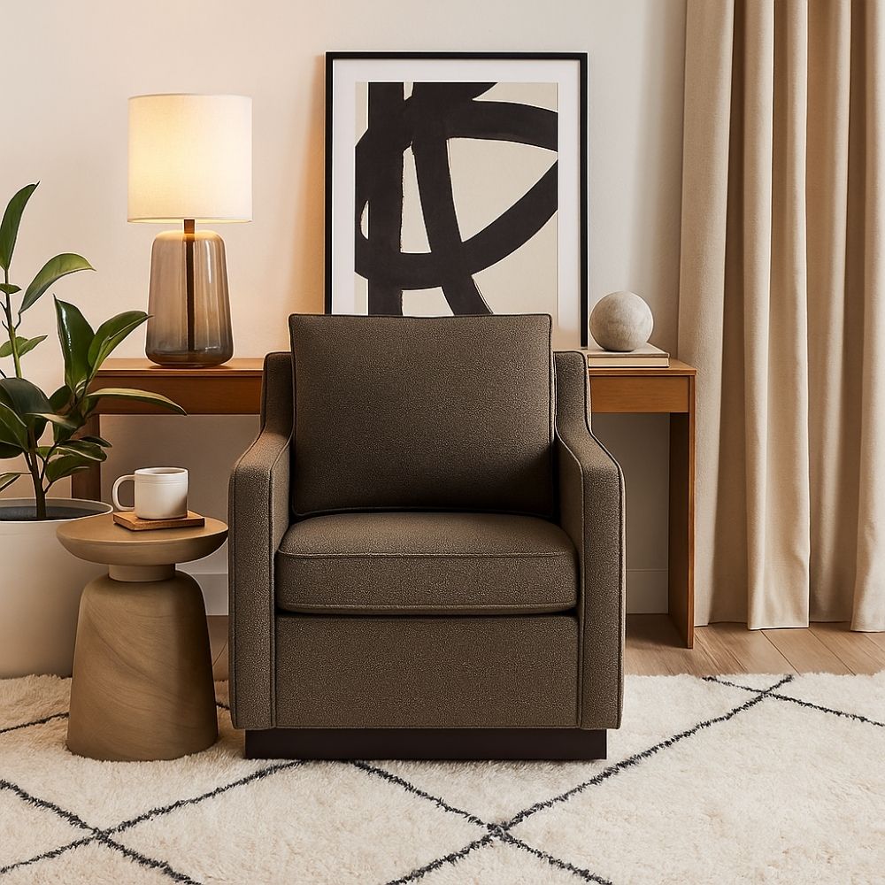 Modern square-arm brown fabric swivel chair with a low-profile wood base.