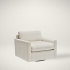 A modern swivel chair with clean lines, upholstered in a soft off-white fabric, featuring a boxy silhouette and low-profile base.