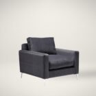 Charcoal velvet accent chair with structured arms, loose back cushion, and slender polished chrome legs.