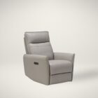 Contemporary taupe leather recliner with sleek lines, high backrest, and side-mounted power control.