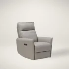 Contemporary taupe leather recliner with sleek lines, high backrest, and side-mounted power control.