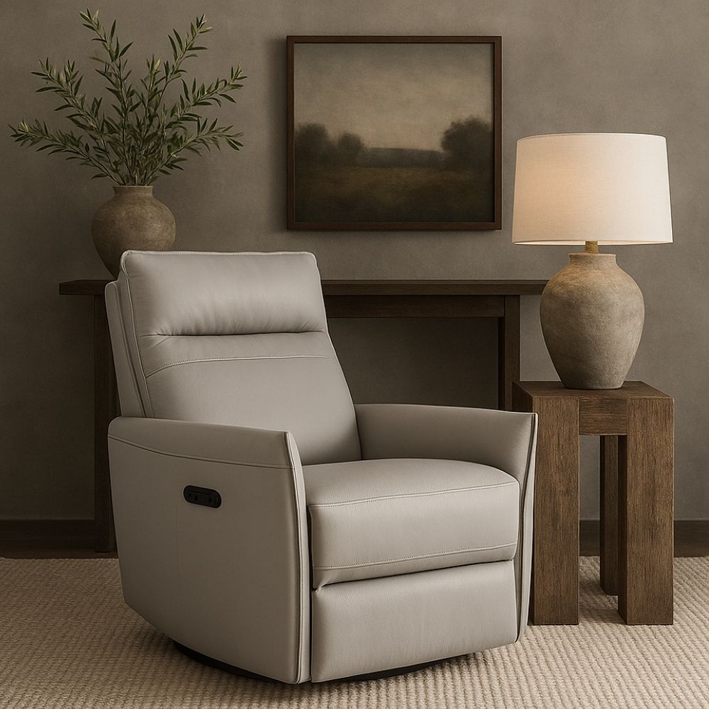 Contemporary taupe leather recliner with sleek lines, high backrest, and side-mounted power control.