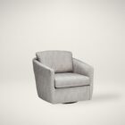 Modern light grey upholstered swivel chair with angled arms and a rounded base.