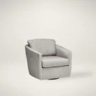 Modern light grey upholstered swivel chair with angled arms and a rounded base.