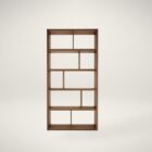 Tall walnut bookcase with asymmetrical open shelving in a modern grid layout