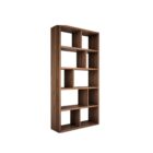 Tall walnut bookcase with asymmetrical open shelving in a modern grid layout