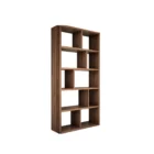 Tall walnut bookcase with asymmetrical open shelving in a modern grid layout