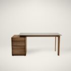 Modern desk with walnut drawers and a floating dark glass top, featuring a minimalist silhouette and integrated storage.