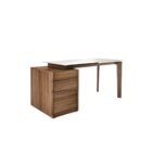 Modern desk with walnut drawers and a floating dark glass top, featuring a minimalist silhouette and integrated storage.