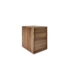 Walnut filing and storage cabinet with three soft-close drawers in a minimalist, modern silhouette