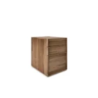 Walnut filing and storage cabinet with three soft-close drawers in a minimalist, modern silhouette