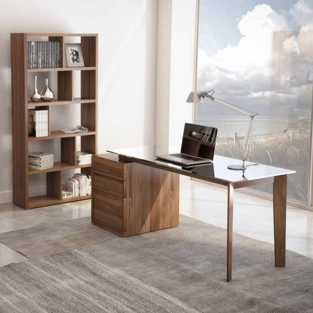 Walnut filing and storage cabinet with three soft-close drawers in a minimalist, modern silhouette