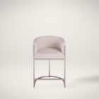 Front and side view of an elegant modern counter stool with a curved backrest, upholstered in a light neutral fabric with sleek metallic legs and a rounded base.