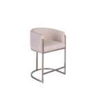 Front and side view of an elegant modern counter stool with a curved backrest, upholstered in a light neutral fabric with sleek metallic legs and a rounded base.