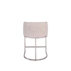 Front and side view of an elegant modern counter stool with a curved backrest, upholstered in a light neutral fabric with sleek metallic legs and a rounded base.