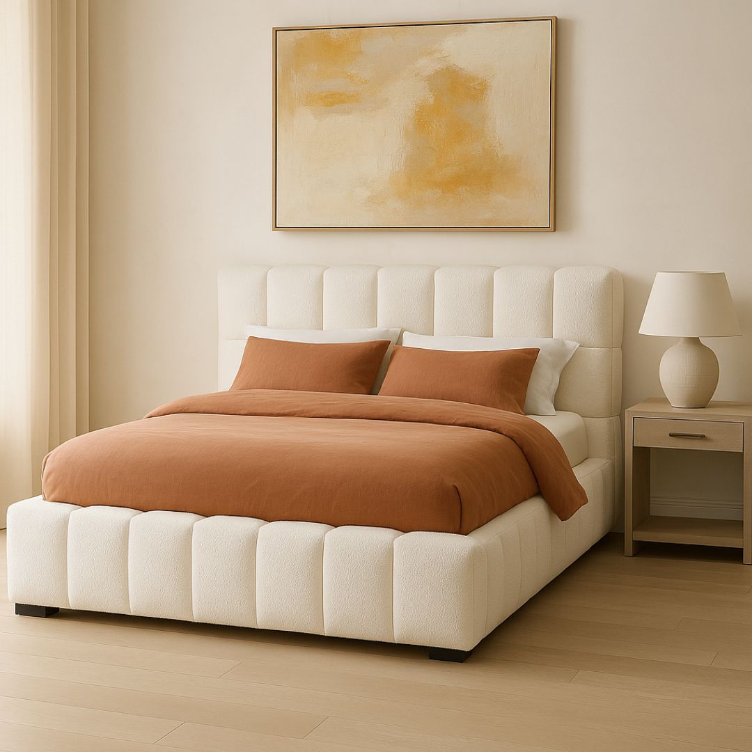 Colina Bed in ivory white boucle fabric with low-profile, grid-tufted headboard and base.