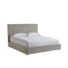 Upholstered bed with vertical channel tufting and minimalist frame.