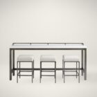 Contemporary console table with white top, gunmetal frame, and three matching upholstered stools.