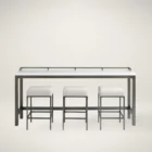 Contemporary console table with white top, gunmetal frame, and three matching upholstered stools.
