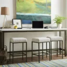 Contemporary console table with white top, gunmetal frame, and three matching upholstered stools.