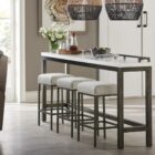Contemporary console table with white top, gunmetal frame, and three matching upholstered stools.