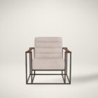 Modern accent chair with beige channeled upholstery, open iron frame, and wooden arm inlays