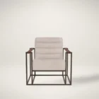 Modern accent chair with beige channeled upholstery, open iron frame, and wooden arm inlays