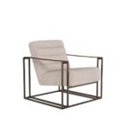 Modern accent chair with beige channeled upholstery, open iron frame, and wooden arm inlays