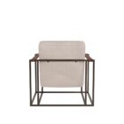 Modern accent chair with beige channeled upholstery, open iron frame, and wooden arm inlays