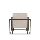 Modern accent chair with beige channeled upholstery, open iron frame, and wooden arm inlays