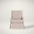 Traditional beige upholstered armchair with tailored skirt, tight back, and plush seat cushion.